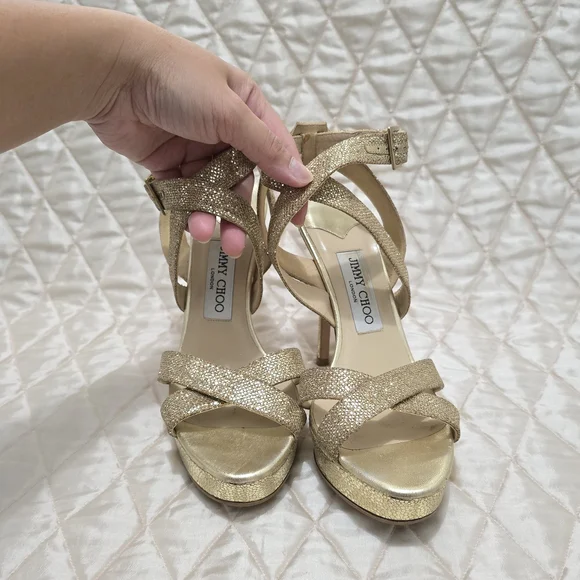 Jimmy Choo Glittering Gold Strappy Heels - Picture 6 of 8